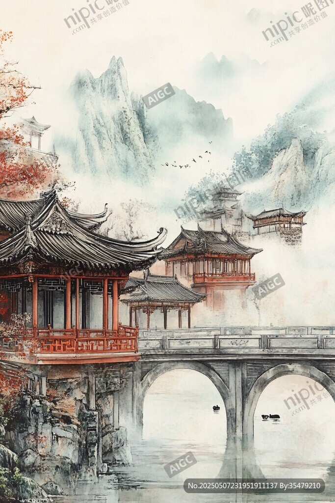 水墨古風(fēng)山水間的中式建筑