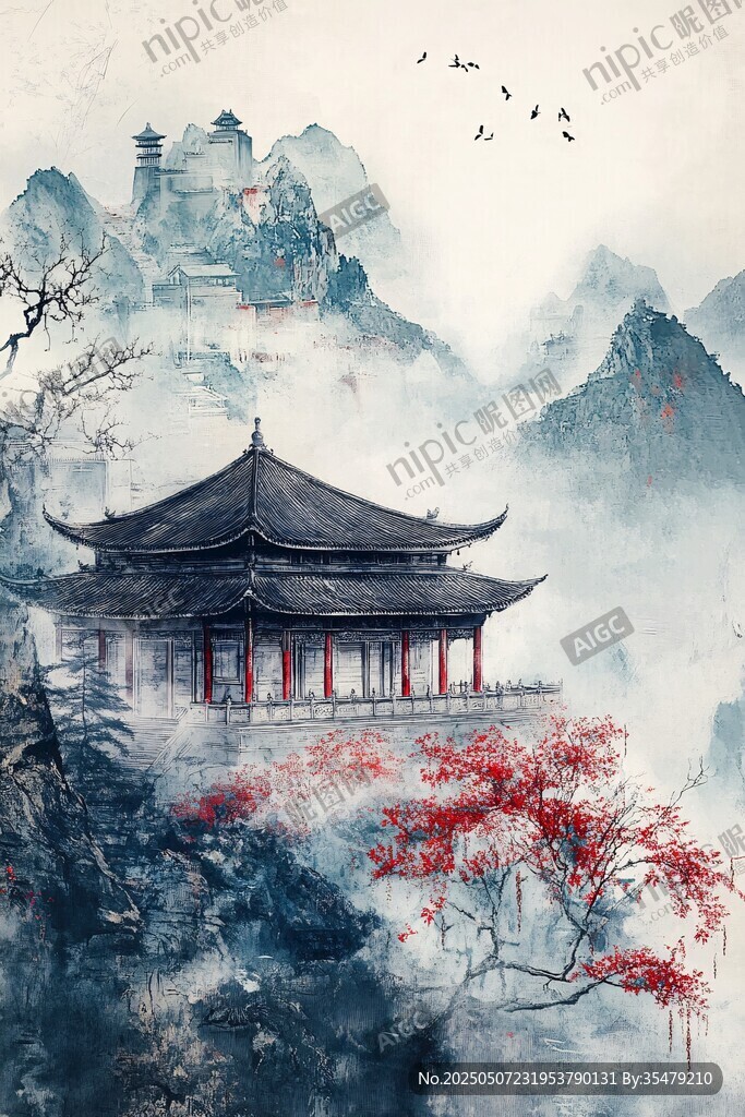 水墨山水間的古韻樓閣