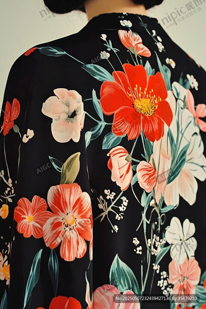 黑色花卉印花服飾背影
