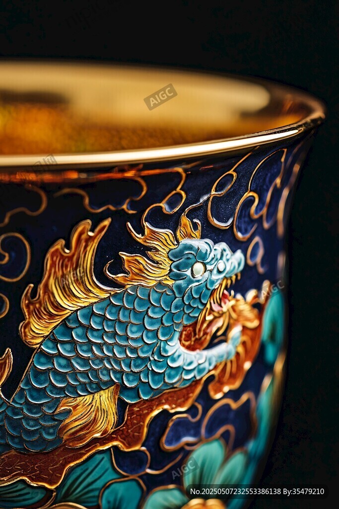 藍底金紋龍飾精美瓷杯