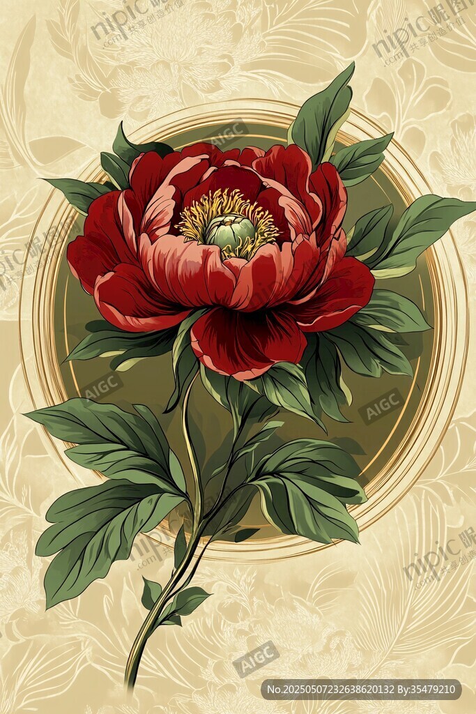 復古風紅牡丹花卉插畫