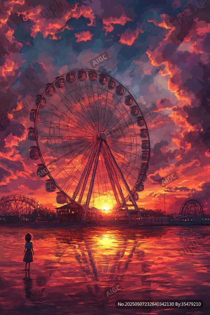夕陽下的摩天輪與孤獨身影