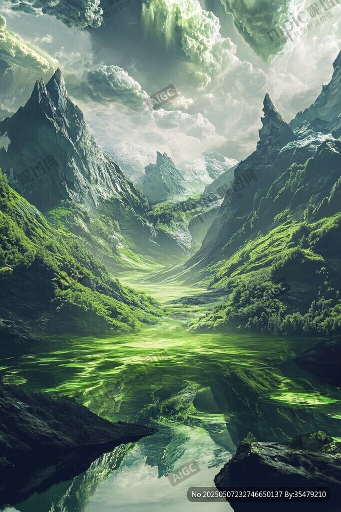 夢幻綠色山水間奇幻之景