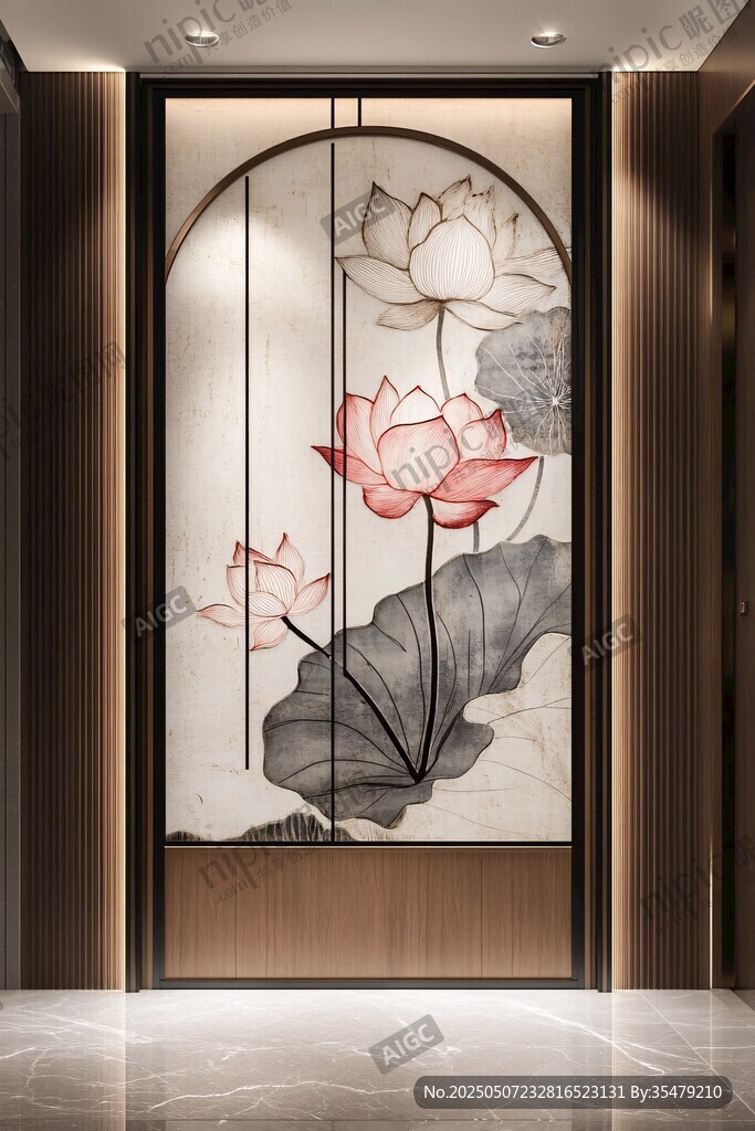 中式玄關(guān)處的荷花藝術(shù)屏風(fēng)