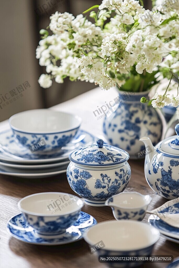 中式青花瓷茶具與花卉組合