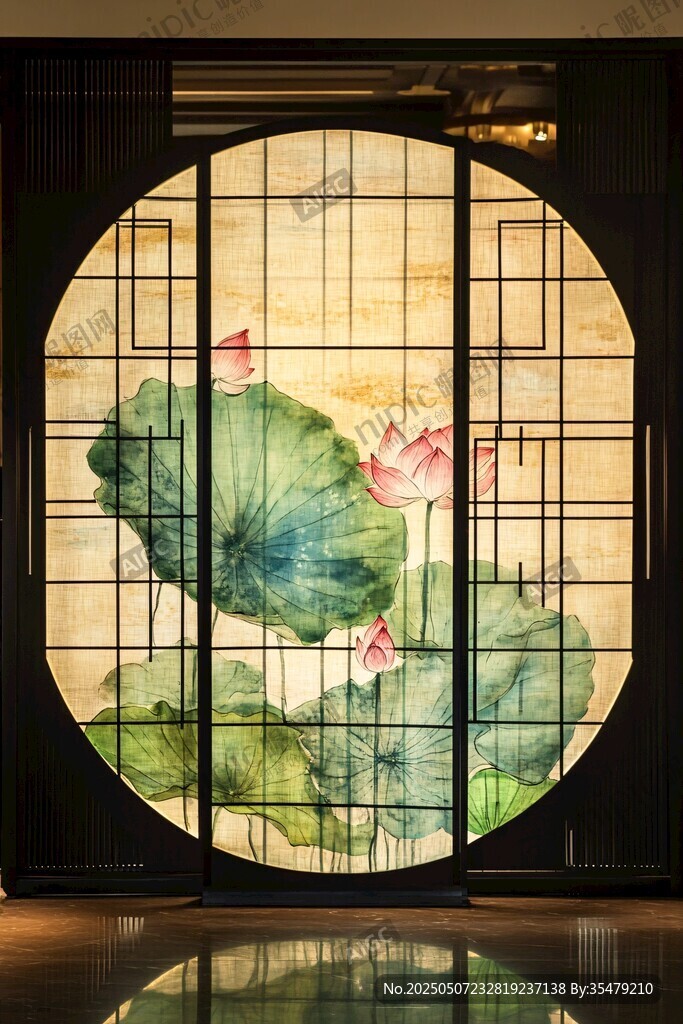 中式圓窗荷花雅致屏風(fēng)