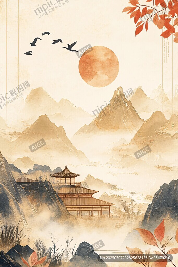 秋日山水間的古韻樓閣
