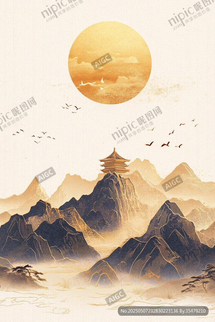 山間古亭映日飛鳥圖