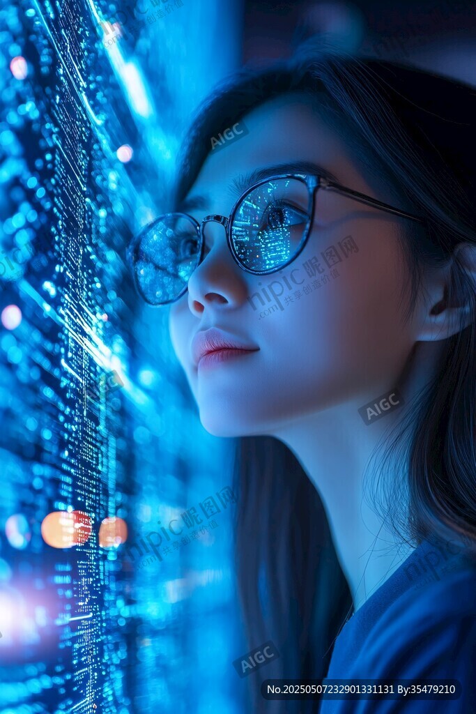 科技女性凝視數據世界