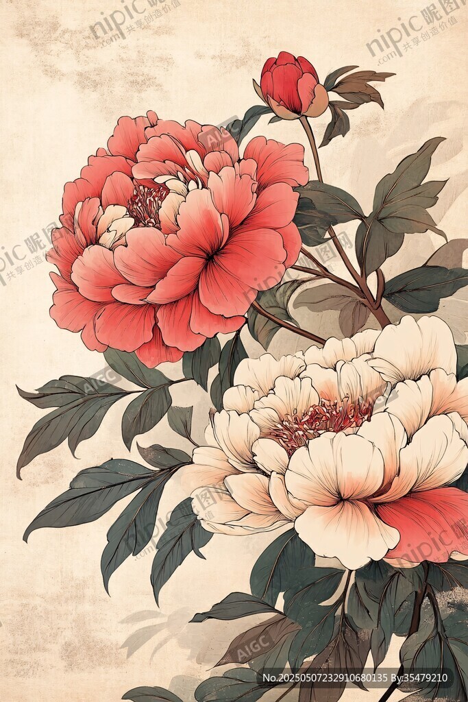 復(fù)古風(fēng)雙牡丹花卉圖