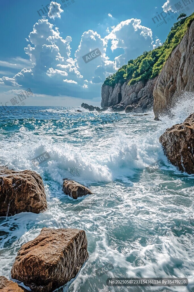 海浪拍擊岸邊嶙峋礁石