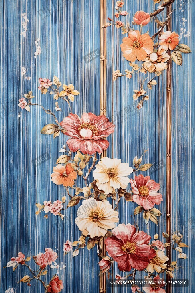 藍(lán)底花卉竹枝精美墻紙