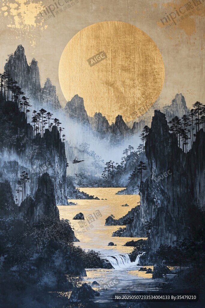 金色圓月映山川美景
