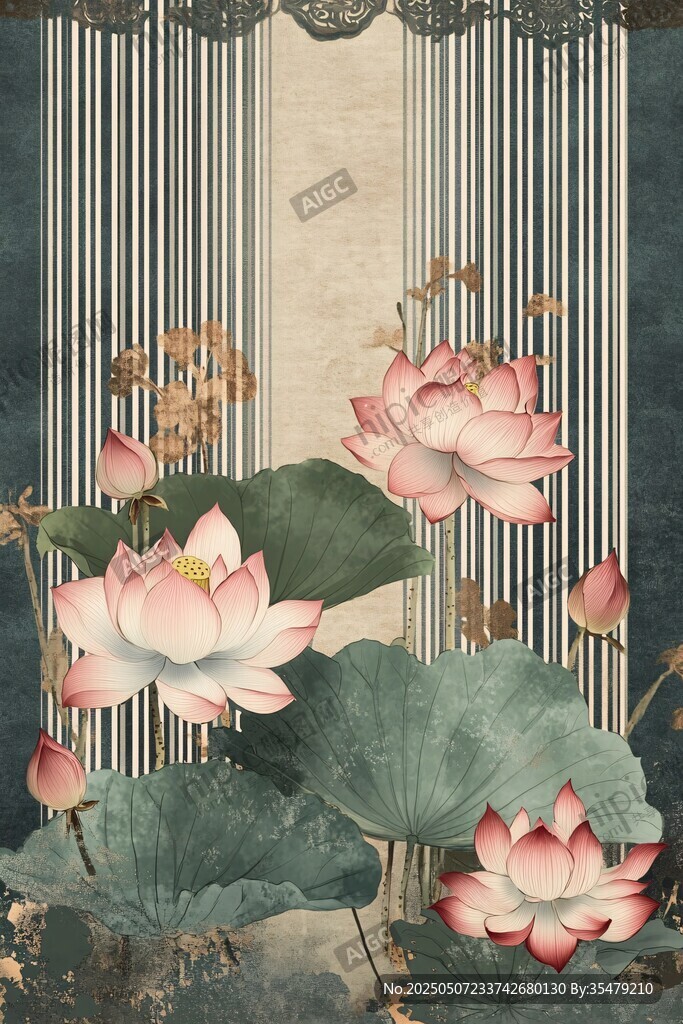 中式荷花背景墻藝術圖案