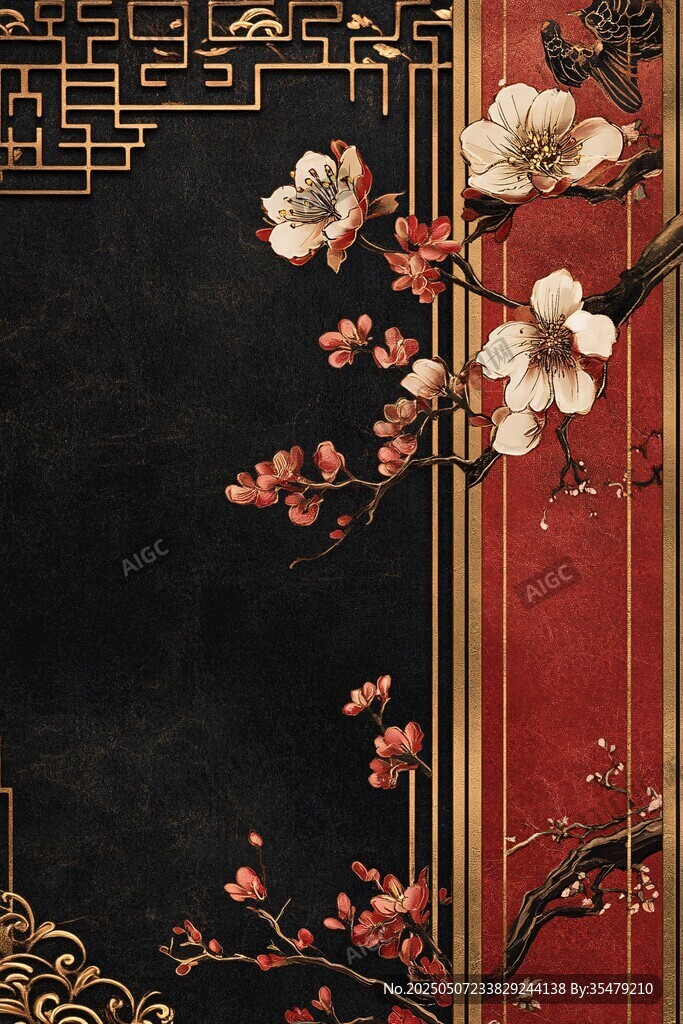 中式古典花鳥黑金背景圖