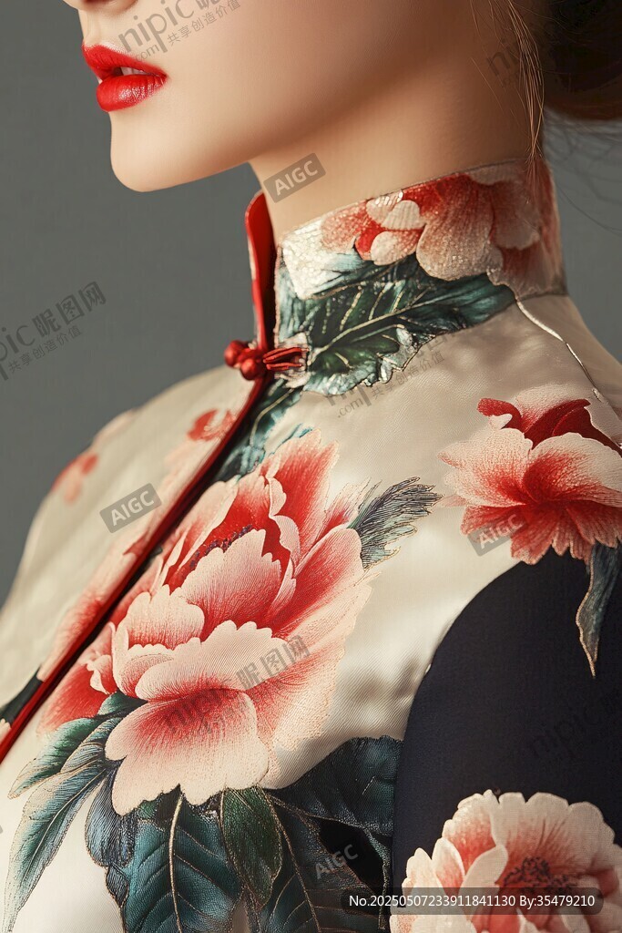 古典旗袍美人精致領(lǐng)口特寫