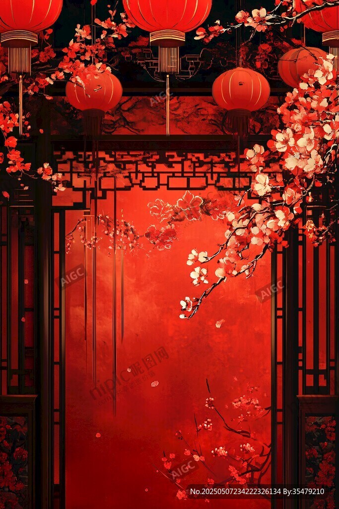 中式紅韻 燈籠繁花映門景