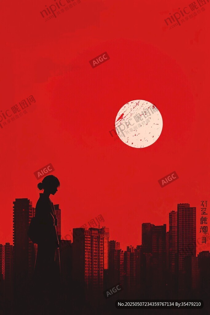 月下都市少女剪影