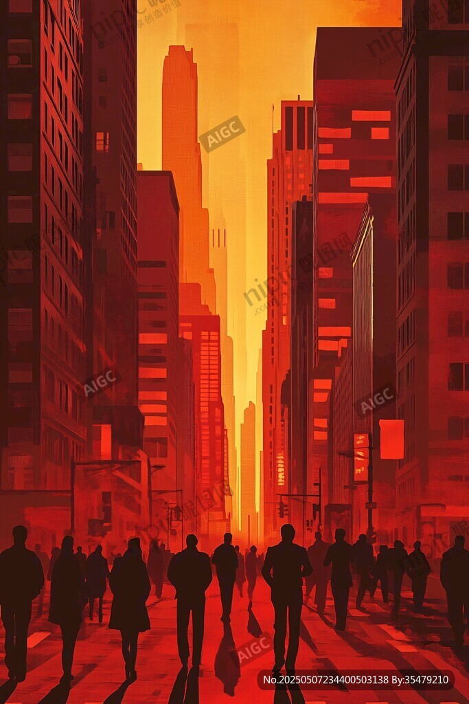黃昏下的都市行人剪影
