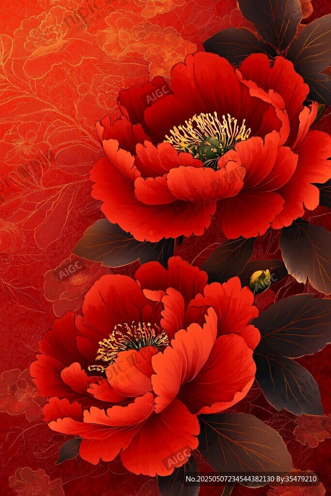 艷麗紅牡丹花卉藝術圖