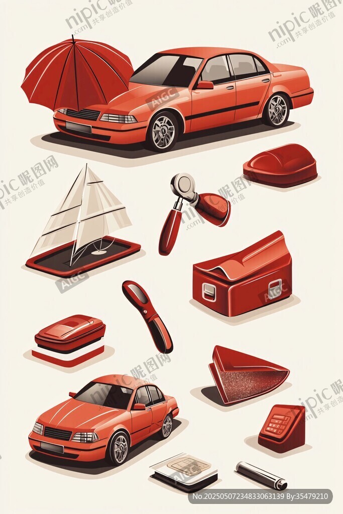 紅色汽車及周邊物品集合