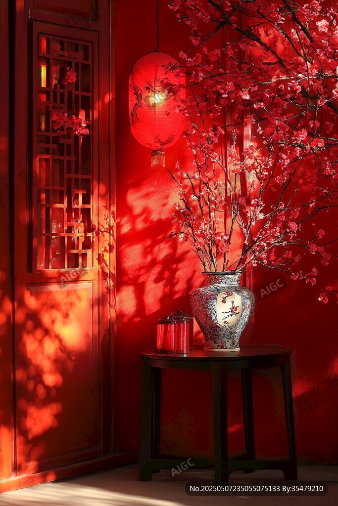 中式紅墻下的雅致花瓶景致