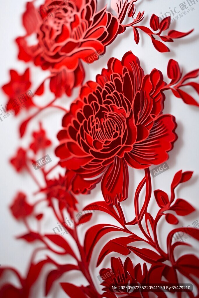 紅色立體剪紙牡丹花圖案
