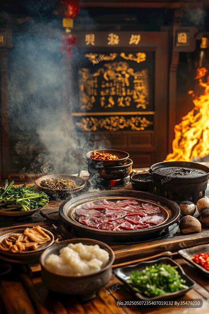 傳統(tǒng)中式火鍋食材豐盛場景