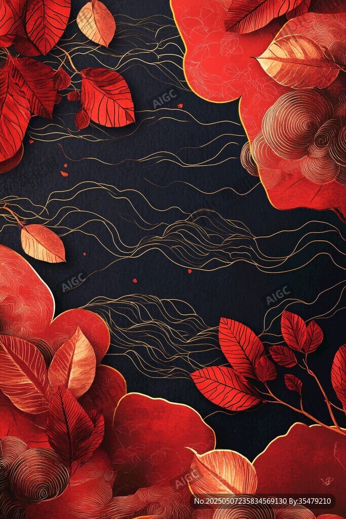 中式紅金花卉復古背景圖