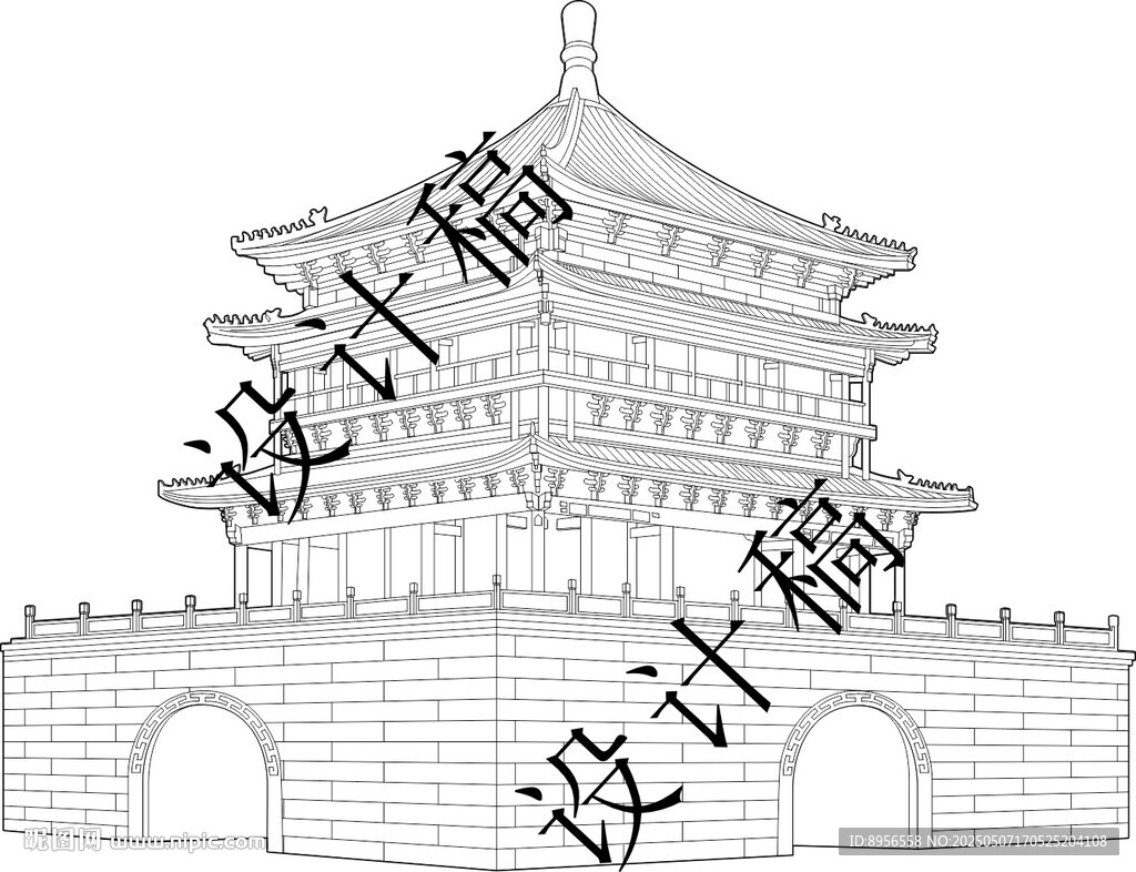 西安鐘樓建筑線稿矢量勾線稿圖