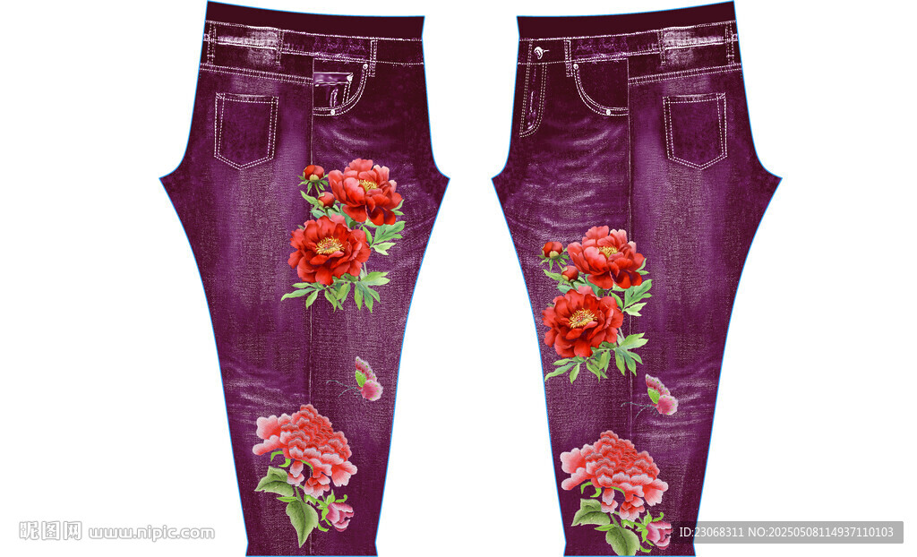 紫色花卉刺繡牛仔褲