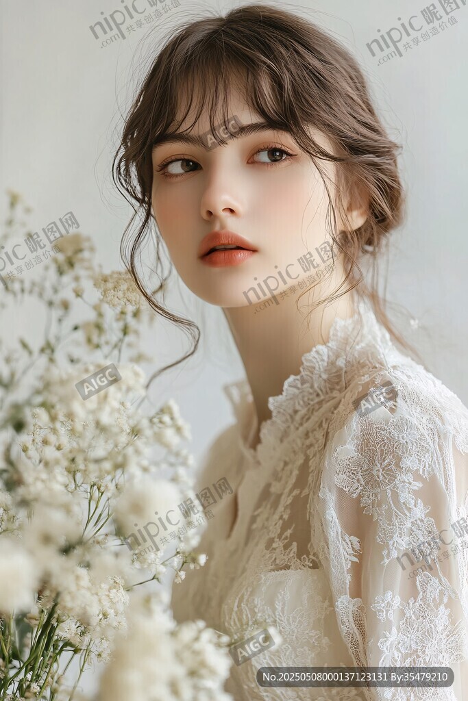 優(yōu)雅少女與白色花卉邂逅