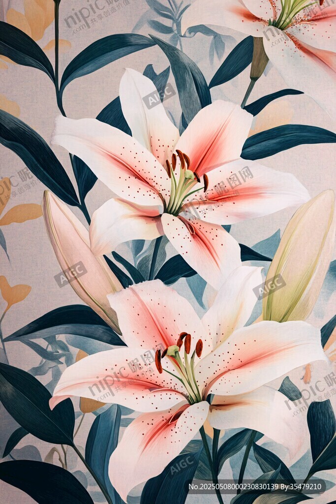 唯美手繪粉色百合花插畫