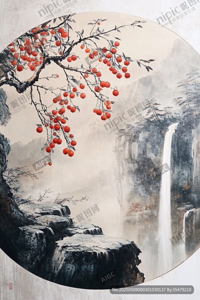水墨山水間的紅柿掛枝
