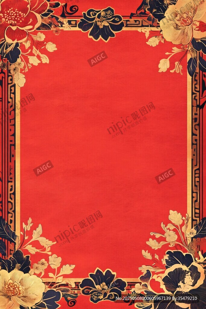 中式紅底花卉邊框背景圖