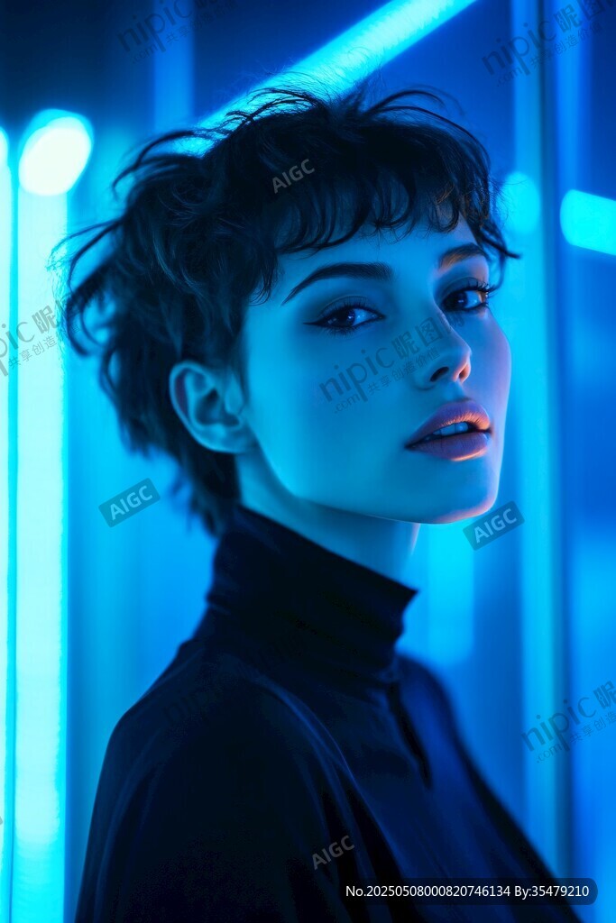 藍(lán)調(diào)光影下的短發(fā)酷感女性