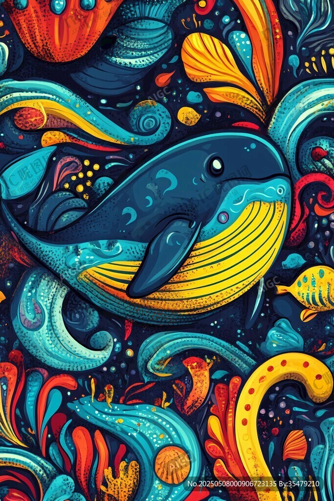 夢幻海洋鯨魚奇幻插畫