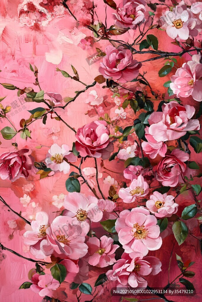 粉色爛漫花卉油畫作品