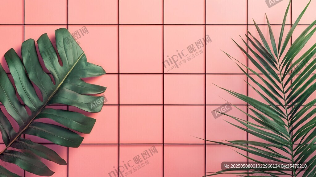 粉色背景上的兩片綠植
