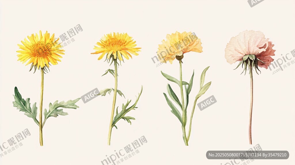 四朵花卉水彩插畫展示