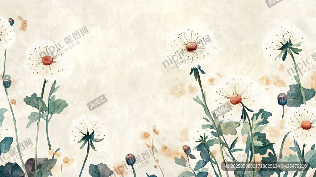 水彩蒲公英花卉清新背景圖