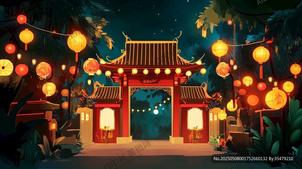 古雅中式夜景 燈籠映牌坊