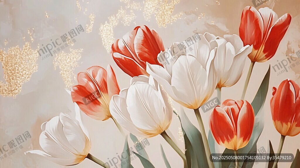 紅白郁金香花卉藝術(shù)畫