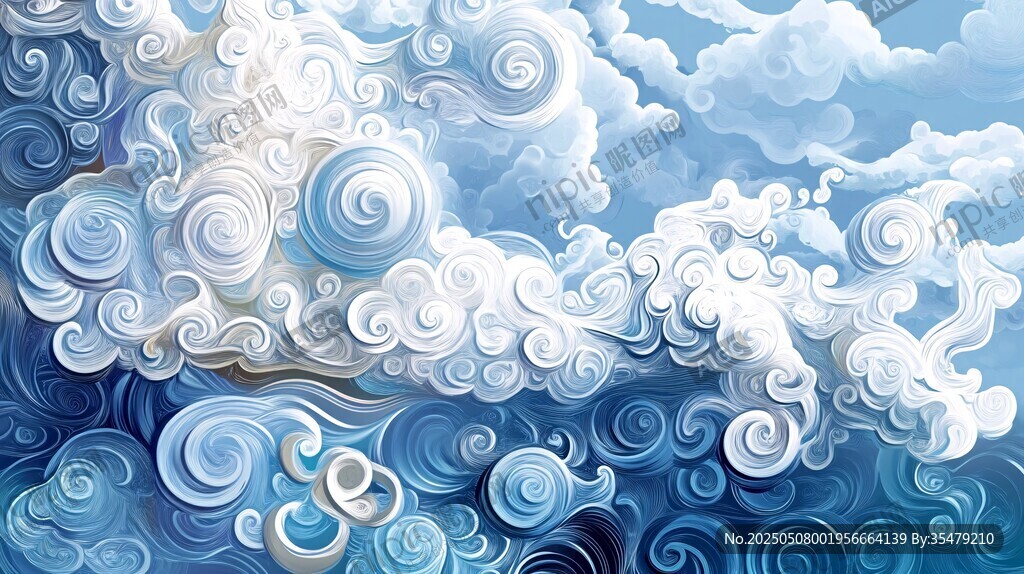 夢幻藍白祥云天空插畫
