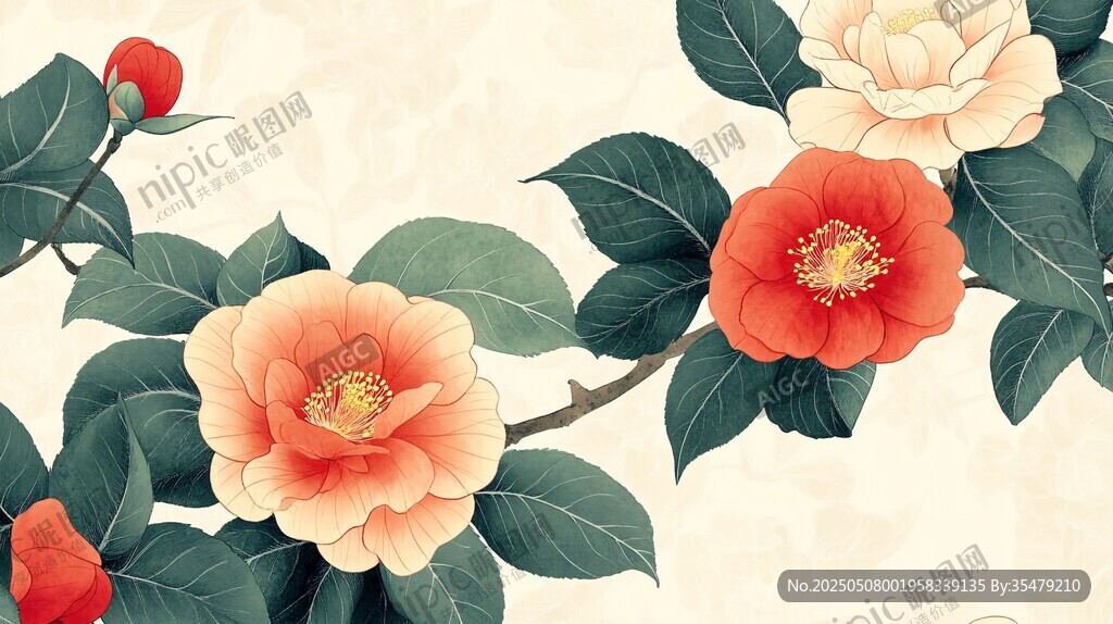 復古風盛開山茶花插畫