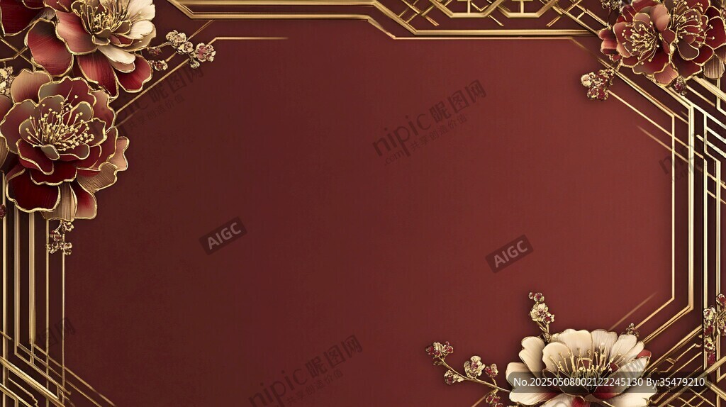 中式紅底金紋花卉裝飾圖