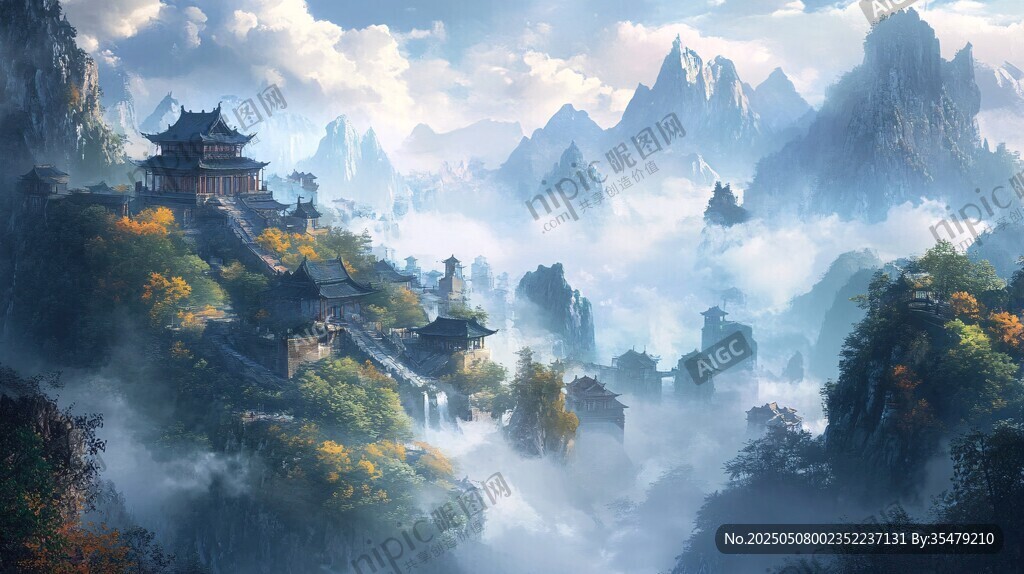 云霧繚繞的中式山水古景