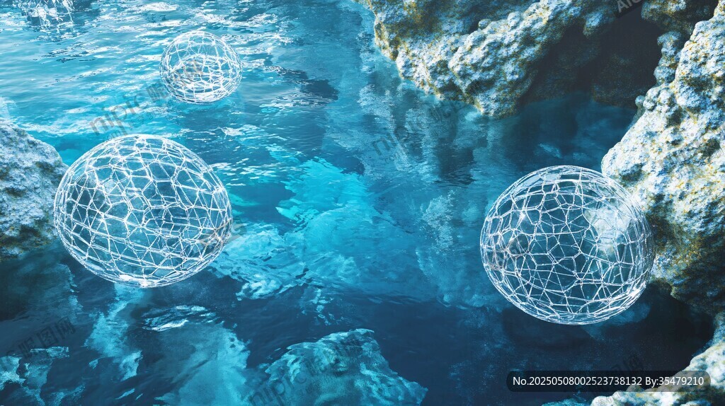 水中懸浮的透明幾何球體