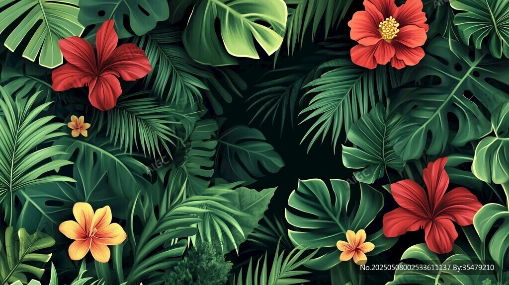 熱帶花卉綠葉背景圖案