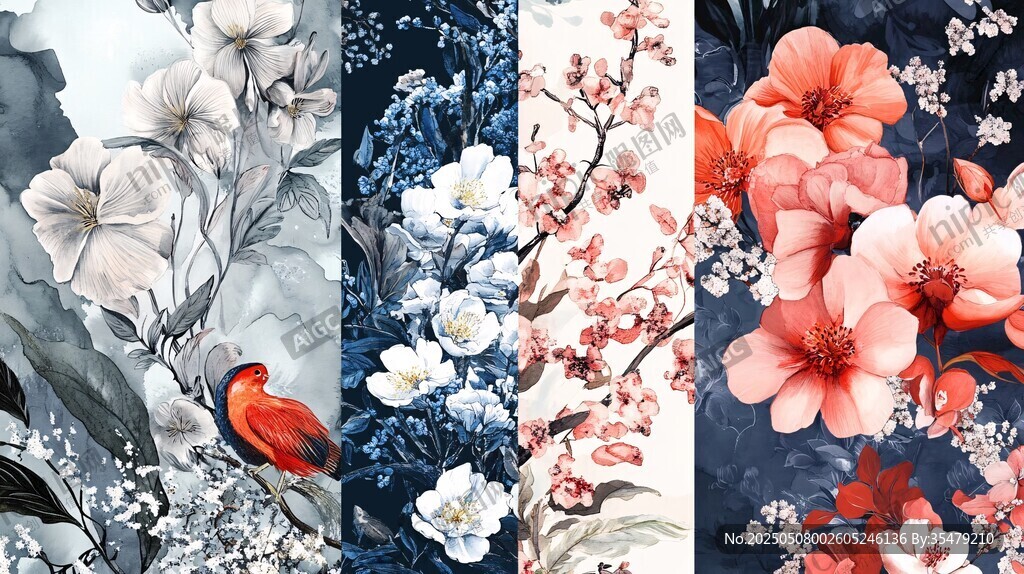 中式花鳥圖案精美四聯圖